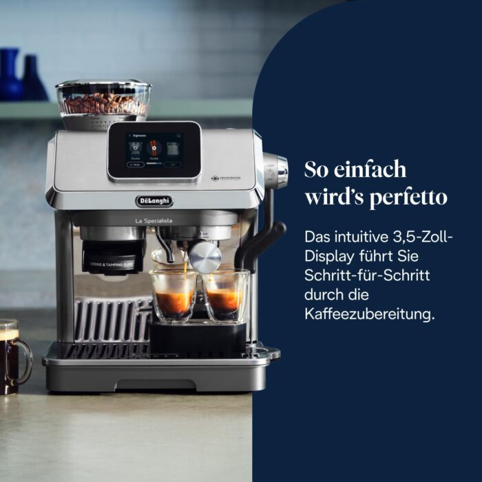 De’Longhi La Specialista Touch - Perfetto Siebträgermaschine Espressomaschine mit Mahlwerk, 10 Getränke, Cold Brew, automatische und manuelle Milchaufschäumung, Touchscreen, Metall (EC9455.M)