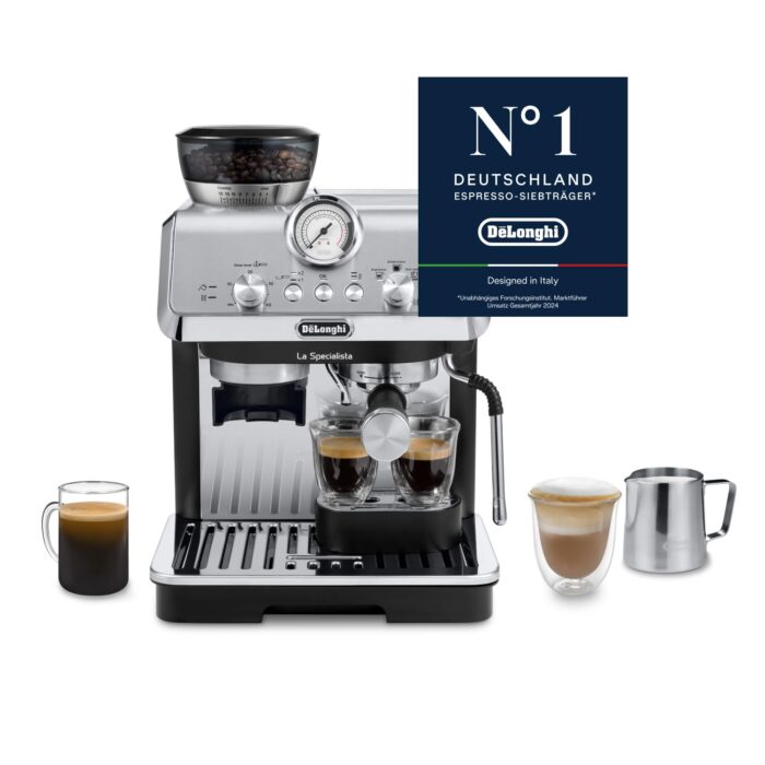 De’Longhi La Specialista Touch - Perfetto Siebträgermaschine Espressomaschine mit Mahlwerk, 10 Getränke, Cold Brew, automatische und manuelle Milchaufschäumung, Touchscreen, Metall (EC9455.M)