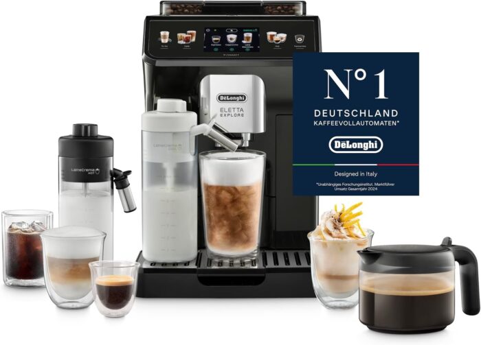 De’Longhi Eletta Explore - Perfetto Kaffeevollautomat mit LatteCrema-Milchaufschäumer, 50 Getränke inklusive Cold Brew auf Knopfdruck, farbiges Touch-Display, Dunkelgrau (ECAM452.67.G)