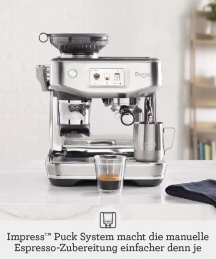 Sage - The Barista Touch Impress - Kaffeemaschine mit automatischer Milchaufschäumung, integriertem Mahlwerk & Cold Brew-Funktion - Intelligente Dosierung, assistiertes Tampern - Gebürsteter Edelstahl