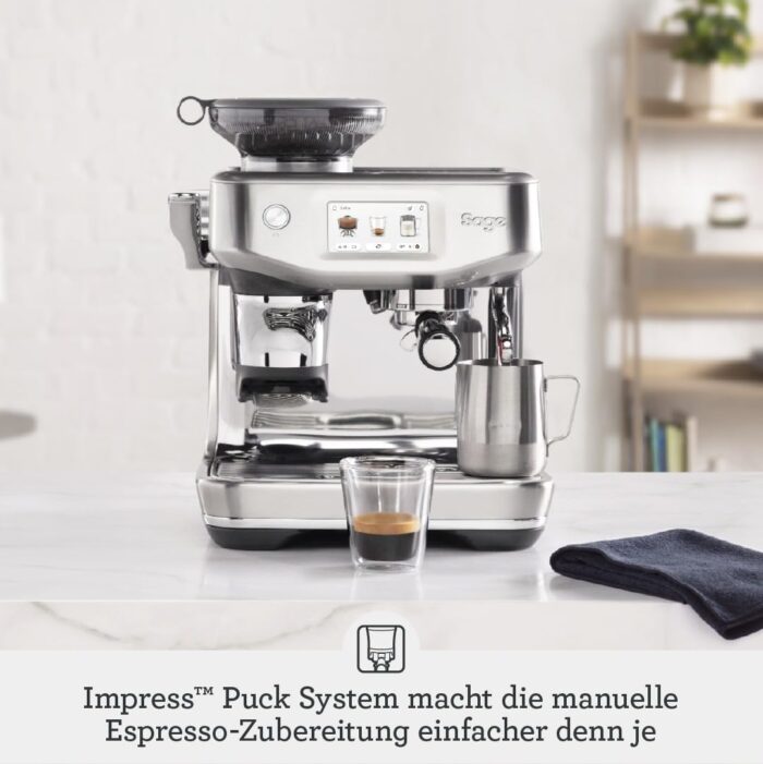 Sage - The Barista Touch Impress - Kaffeemaschine mit automatischer Milchaufschäumung, integriertem Mahlwerk & Cold Brew-Funktion - Intelligente Dosierung, assistiertes Tampern - Gebürsteter Edelstahl
