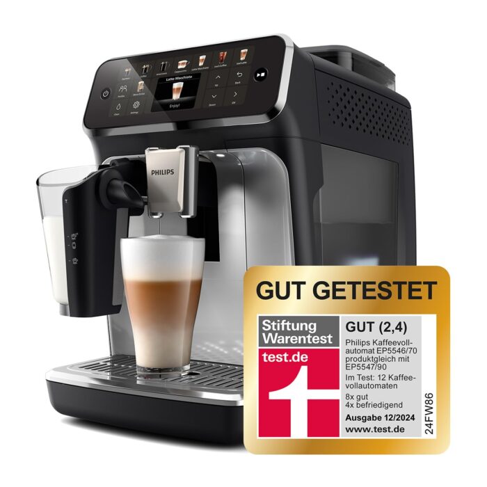 Philips Serie 5500 Kaffeevollautomat – LatteGo Milchsystem, 20 heiße und kalte Kaffeespezialitäten, 40% leiser mit SilentBrew, QuickStart, Schwarz/Grau (EP5544/50)