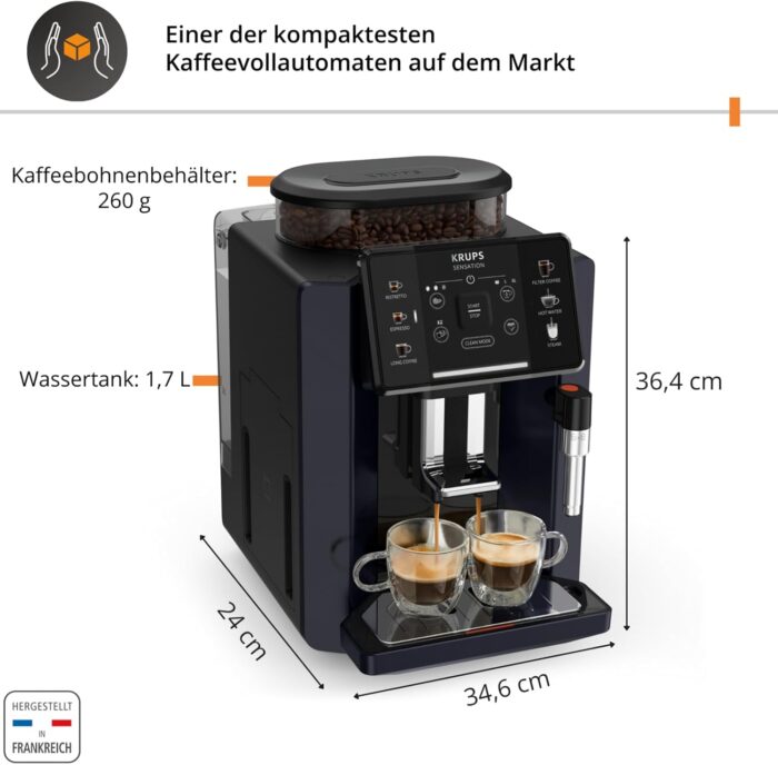 Krups Sensation Kaffeevollautomat mit Milchschaumdüse, Kaffeemaschine für Espresso, Cappuccino & Latte Macchiato, gemacht für Bohnenkaffee & Filterkaffee, bis zu 5 Kaffeegetränke und 2-Tassen-Funktion