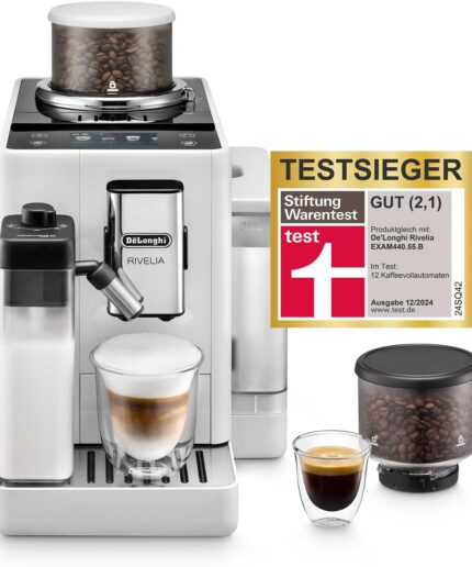 De’Longhi Rivelia - Perfetto Kaffeevollautomat mit LatteCrema-Milchaufschäumer, 16 One-Touch-Getränke, farbiges Touch-Display, austauschbare Bohnenbehälter, Weiß (EXAM440.55.W)