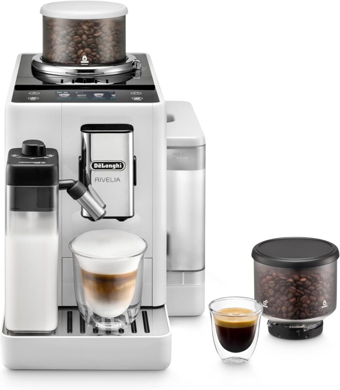De’Longhi Rivelia - Perfetto Kaffeevollautomat mit LatteCrema-Milchaufschäumer, 16 One-Touch-Getränke, farbiges Touch-Display, austauschbare Bohnenbehälter, Weiß (EXAM440.55.W)