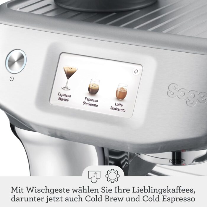 Sage - The Barista Touch Impress - Kaffeemaschine mit automatischer Milchaufschäumung, integriertem Mahlwerk & Cold Brew-Funktion - Intelligente Dosierung, assistiertes Tampern - Gebürsteter Edelstahl