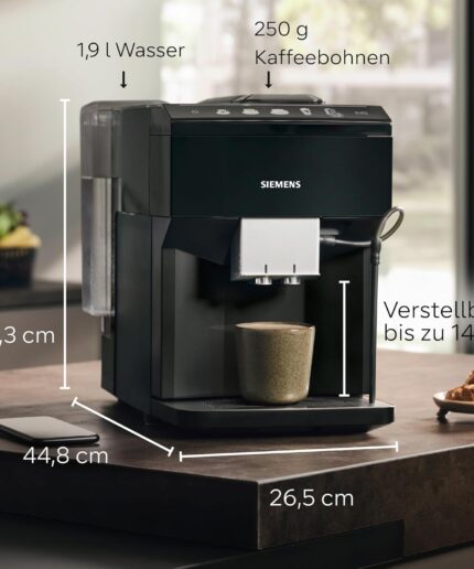 Siemens Kaffeevollautomat EQ500 classic, farbiges TFT-Display, 5 Kaffee- und Milchgetränke, Doppeltassenfunktion, einfache Reinigung, entnehmbare Brüheinheit, mit Milchschlauch, Schwarz, TP511E19