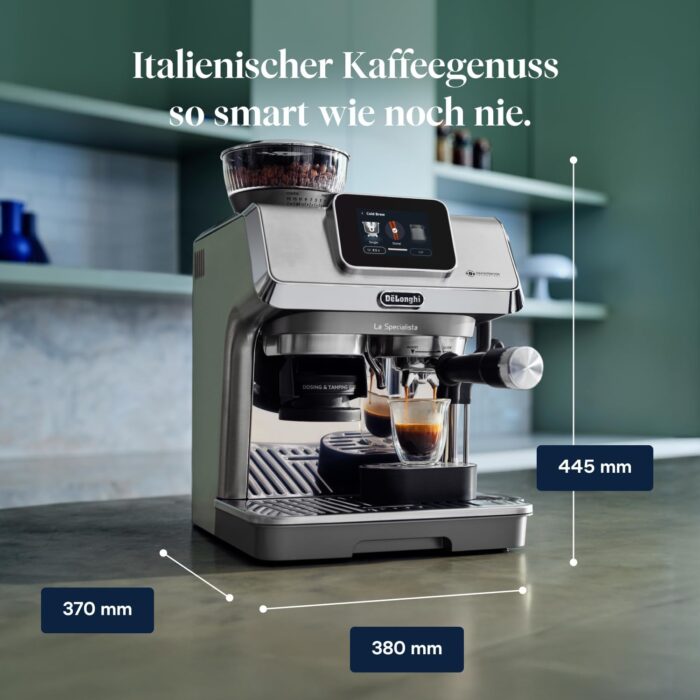 De’Longhi La Specialista Touch - Perfetto Siebträgermaschine Espressomaschine mit Mahlwerk, 10 Getränke, Cold Brew, automatische und manuelle Milchaufschäumung, Touchscreen, Metall (EC9455.M)