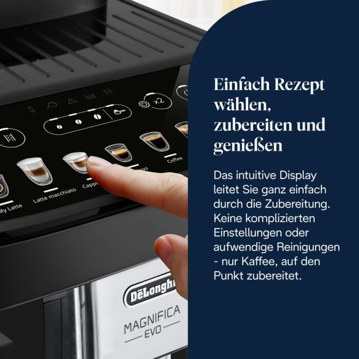 De’Longhi Magnifica Evo - Perfetto Kaffeevollautomat mit LatteCrema-Milchaufschäumer, 7 One-Touch-Getränke, Cappuccino, Espresso Kaffeemaschine, Soft-Touch-Bedienfeld, Schwarz (ECAM292.81.B)