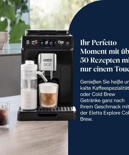 De’Longhi Eletta Explore - Perfetto Kaffeevollautomat mit LatteCrema-Milchaufschäumer, 50 Getränke inklusive Cold Brew auf Knopfdruck, farbiges Touch-Display, Dunkelgrau (ECAM452.67.G)