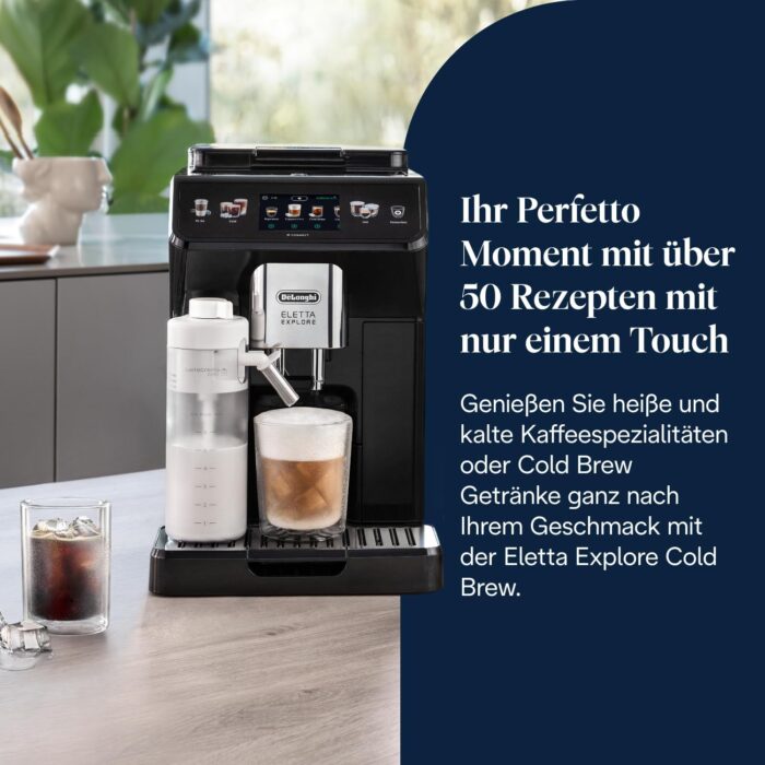 De’Longhi Eletta Explore - Perfetto Kaffeevollautomat mit LatteCrema-Milchaufschäumer, 50 Getränke inklusive Cold Brew auf Knopfdruck, farbiges Touch-Display, Dunkelgrau (ECAM452.67.G)