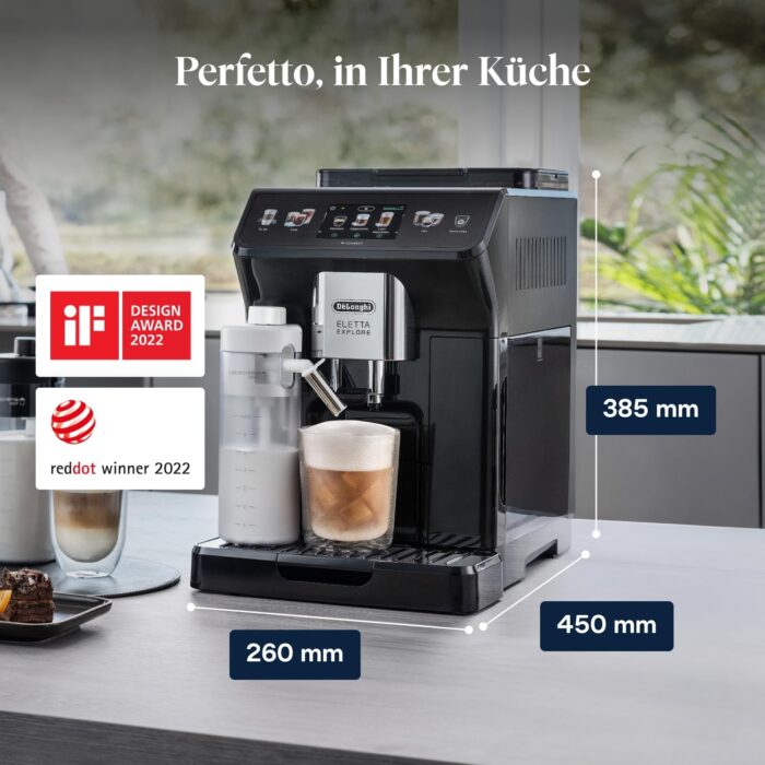 De’Longhi Eletta Explore - Perfetto Kaffeevollautomat mit LatteCrema-Milchaufschäumer, 50 Getränke inklusive Cold Brew auf Knopfdruck, farbiges Touch-Display, Dunkelgrau (ECAM452.67.G)