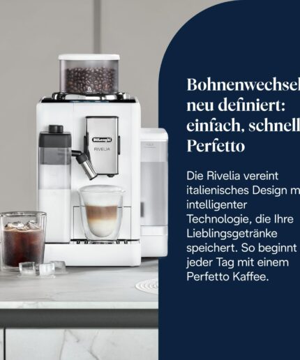 De’Longhi Rivelia - Perfetto Kaffeevollautomat mit LatteCrema-Milchaufschäumer, 16 One-Touch-Getränke, farbiges Touch-Display, austauschbare Bohnenbehälter, Weiß (EXAM440.55.W)