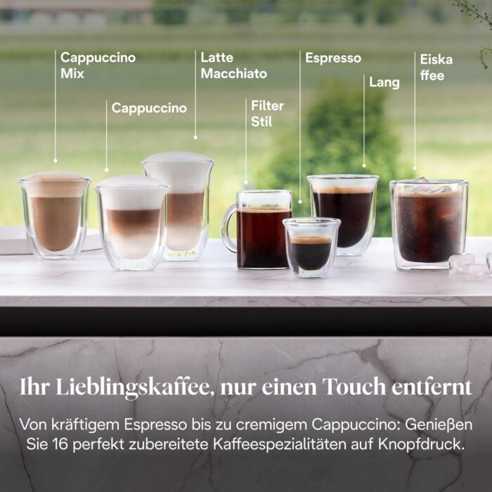 De’Longhi Rivelia - Perfetto Kaffeevollautomat mit LatteCrema-Milchaufschäumer, 16 One-Touch-Getränke, farbiges Touch-Display, austauschbare Bohnenbehälter, Weiß (EXAM440.55.W)