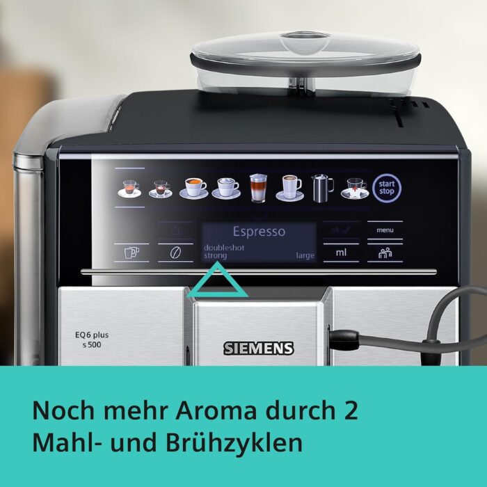 Siemens Kaffeevollautomat EQ6 plus s300, Milchsystem, 11 Getränke, automatische Reinigung des Milchsystems, Keramikmahlwerk, großes Touchdisplay, Silber, TE653501DE