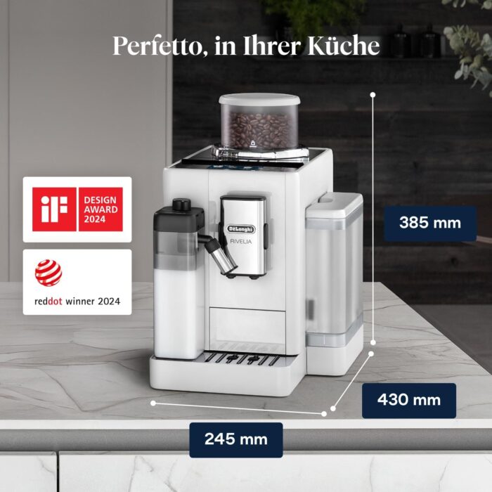 De’Longhi Rivelia - Perfetto Kaffeevollautomat mit LatteCrema-Milchaufschäumer, 16 One-Touch-Getränke, farbiges Touch-Display, austauschbare Bohnenbehälter, Weiß (EXAM440.55.W)