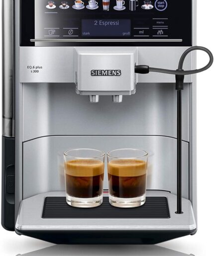 Siemens Kaffeevollautomat EQ6 plus s300, Milchsystem, 11 Getränke, automatische Reinigung des Milchsystems, Keramikmahlwerk, großes Touchdisplay, Silber, TE653501DE