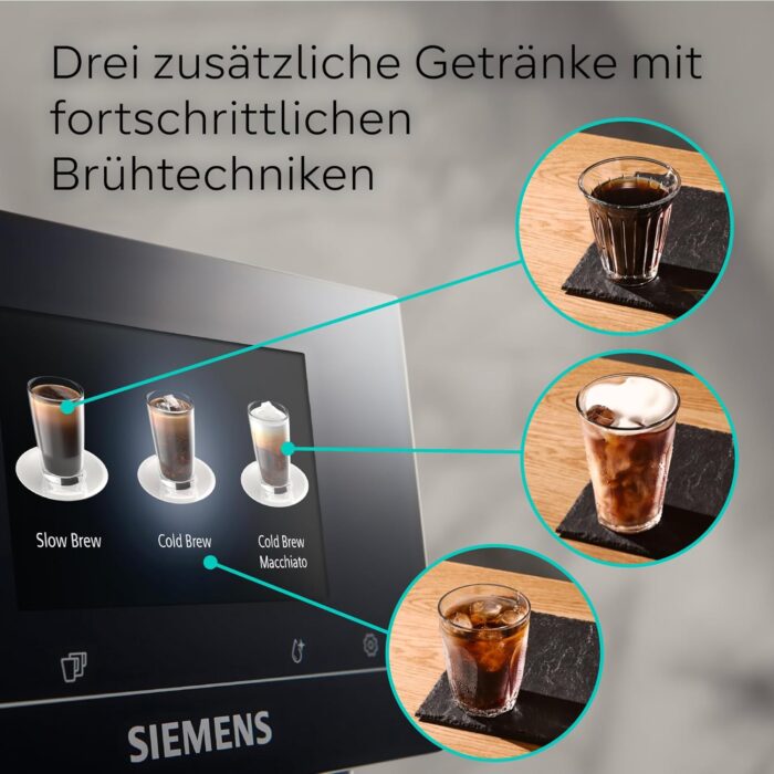 Siemens Kaffeevollautomat EQ700 classic, großes farbiges TFT-Display, 36 Heiß- und Kaltgetränke, Cold Brew, 10 Favoriten, 2-Tassen-Funktion, Steuerung per App, autom. Reinigungsystem, Silber, TP715E17