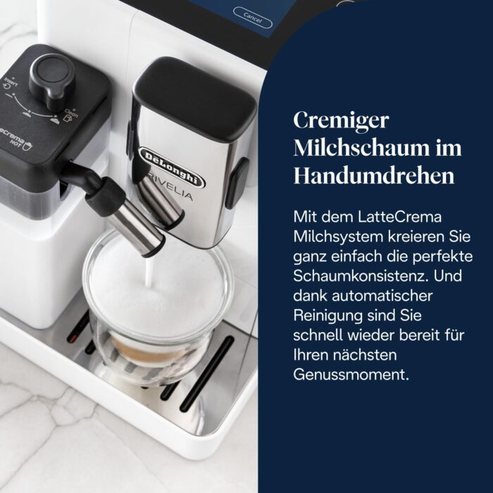 De’Longhi Rivelia - Perfetto Kaffeevollautomat mit LatteCrema-Milchaufschäumer, 16 One-Touch-Getränke, farbiges Touch-Display, austauschbare Bohnenbehälter, Weiß (EXAM440.55.W)