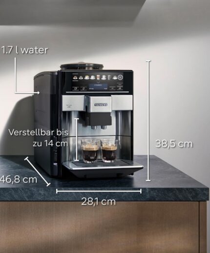 Siemens Kaffeevollautomat EQ6 plus s300, Milchsystem, 11 Getränke, automatische Reinigung des Milchsystems, Keramikmahlwerk, großes Touchdisplay, Silber, TE653501DE