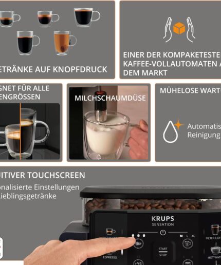 Krups Sensation Kaffeevollautomat mit Milchschaumdüse, Kaffeemaschine für Espresso, Cappuccino & Latte Macchiato, gemacht für Bohnenkaffee & Filterkaffee, bis zu 5 Kaffeegetränke und 2-Tassen-Funktion