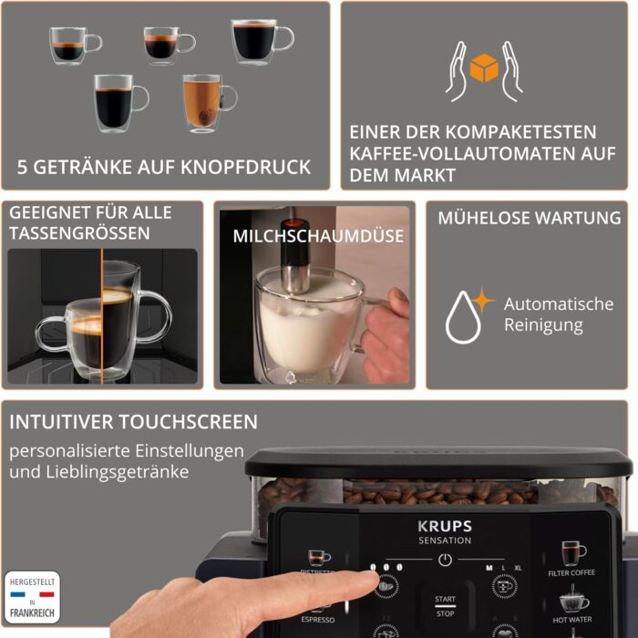 Krups Sensation Kaffeevollautomat mit Milchschaumdüse, Kaffeemaschine für Espresso, Cappuccino & Latte Macchiato, gemacht für Bohnenkaffee & Filterkaffee, bis zu 5 Kaffeegetränke und 2-Tassen-Funktion