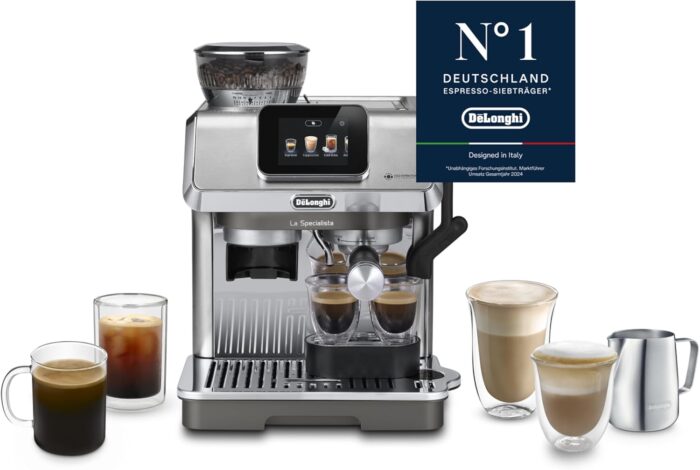 De’Longhi La Specialista Touch - Perfetto Siebträgermaschine Espressomaschine mit Mahlwerk, 10 Getränke, Cold Brew, automatische und manuelle Milchaufschäumung, Touchscreen, Metall (EC9455.M)