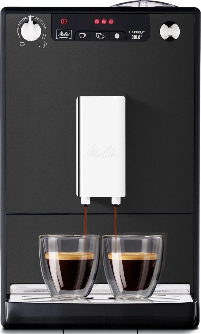 Melitta Solo - Kaffeevollautomat mit höhenverstellbarem Auslauf, kleine Kaffeemaschine mit abnehmbarem Wassertank, für z. B. Espresso oder Café Crème, pure black