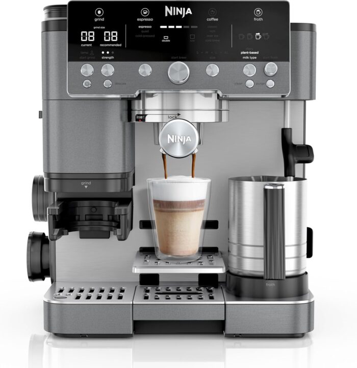 Ninja Luxe Premier 3-in-1 Kaffeemaschine, für Espresso, Cold Brew & Filterkaffee, 4 automatische Schaumeinstellunge, Grau-Metall, ES601EUGM