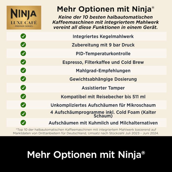 Ninja Luxe Premier 3-in-1 Kaffeemaschine, für Espresso, Cold Brew & Filterkaffee, 4 automatische Schaumeinstellunge, Grau-Metall, ES601EUGM