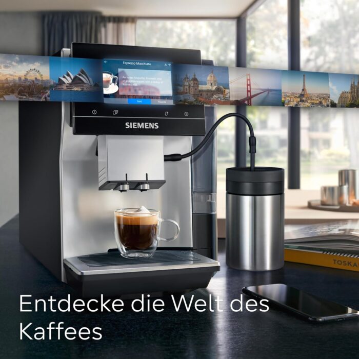 Siemens Kaffeevollautomat EQ700 classic, großes farbiges TFT-Display, 36 Heiß- und Kaltgetränke, Cold Brew, 10 Favoriten, 2-Tassen-Funktion, Steuerung per App, autom. Reinigungsystem, Silber, TP715E17