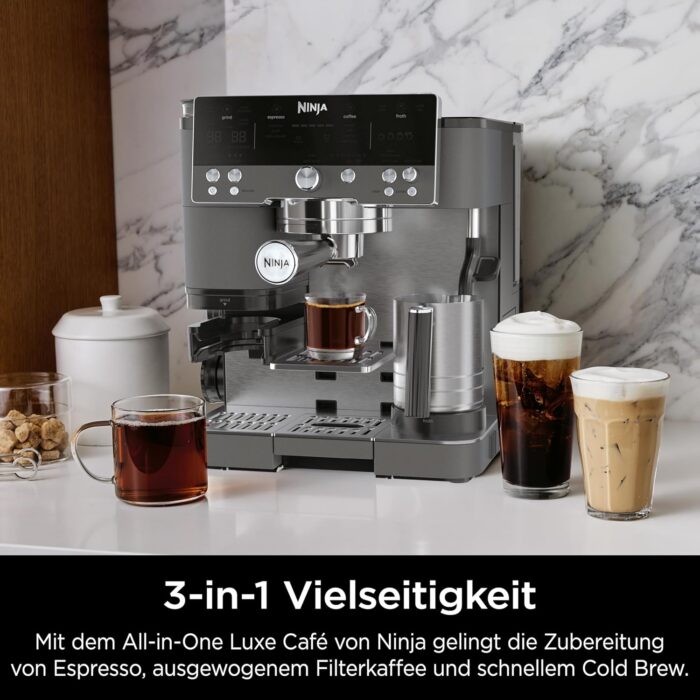 Ninja Luxe Premier 3-in-1 Kaffeemaschine, für Espresso, Cold Brew & Filterkaffee, 4 automatische Schaumeinstellunge, Grau-Metall, ES601EUGM