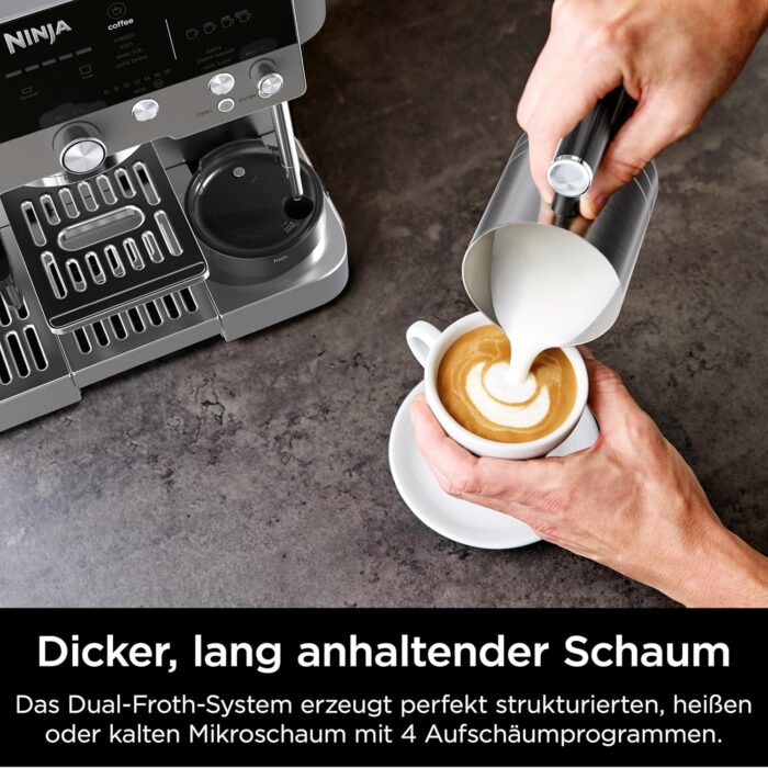 Ninja Luxe Premier 3-in-1 Kaffeemaschine, für Espresso, Cold Brew & Filterkaffee, 4 automatische Schaumeinstellunge, Grau-Metall, ES601EUGM