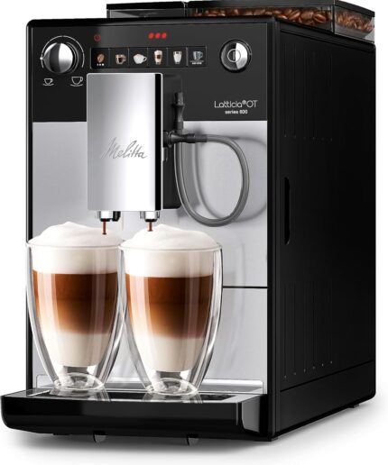 Melitta Latticia OT - Kaffeevollautomat mit Milchsystem, Kaffeemaschine mit Mahlwerk für z. B. Kaffee oder Cappuccino, silber/schwarz