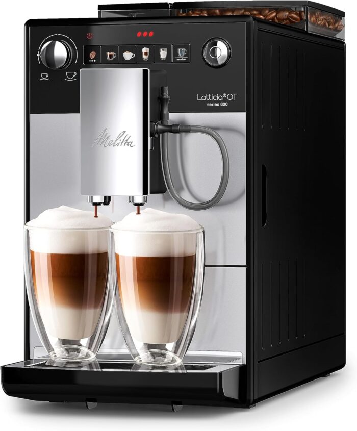 Melitta Latticia OT - Kaffeevollautomat mit Milchsystem, Kaffeemaschine mit Mahlwerk für z. B. Kaffee oder Cappuccino, silber/schwarz