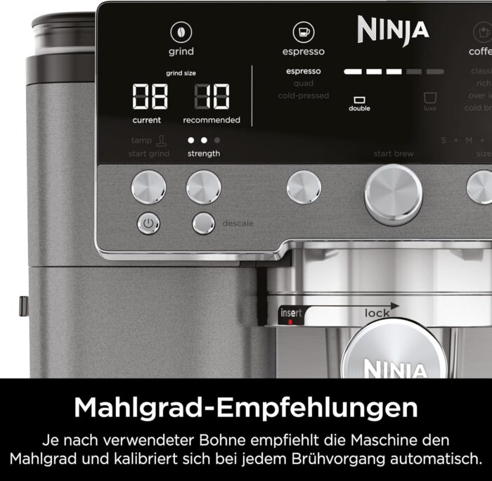 Ninja Luxe Premier 3-in-1 Kaffeemaschine, für Espresso, Cold Brew & Filterkaffee, 4 automatische Schaumeinstellunge, Grau-Metall, ES601EUGM